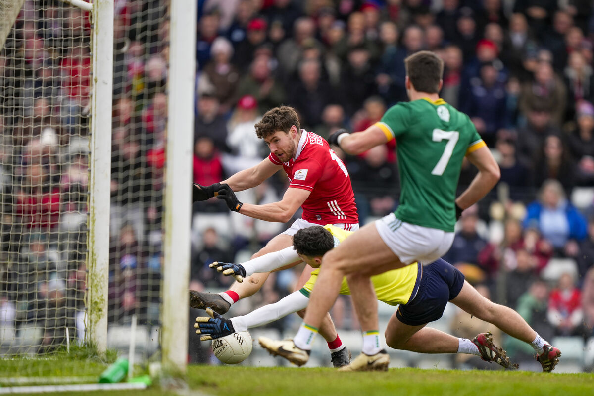 Paul Walsh of Cork has goal attempt saved by Seán Brennan of Meath. Pic: ©INPHO/James Lawlor