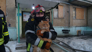 <p>A rescuer evacuates a cat after a Russian drone hit an apartment house in Kharkiv, Ukraine, earlier this month. Billions of euro have been raised through Dublin’s bond markets for Russian suppliers of commodities required for Russia’s illegal war on Ukraine. <span class="contextmenu emphasis CaptionCredit">Picture: Andrii Marienko/AP</span>
            </p>