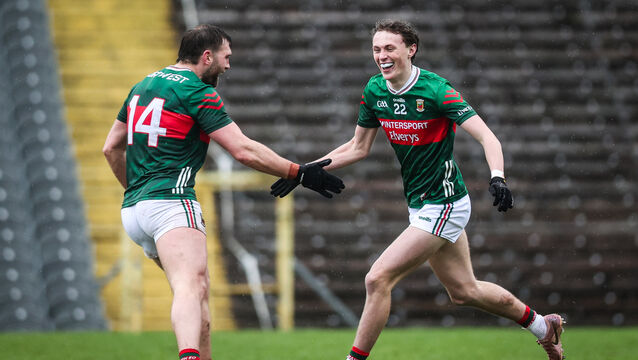 <p>Mayo's Kobe McDonald celebrates after scoring his side's second goal against Monahan with Aidan O'Shea. Pic: ©INPHO/Tom Maher</p>