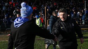 <p>CLOSE ONE: Waterford manager Peter Queally, left, and Kilkenny manager Derek Lyng shake hands at full-time after the Allianz Hurling League Division 1A match between Kilkenny and Waterford at UPMC Nowlan Park in Kilkenny. Pic: Paul Phelan/Sportsfile</p>
