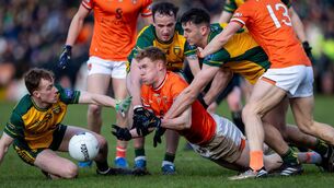 <p>TIGHT SPOT: Armagh’s Conor Turbitt, with Conor Mc Cahill, Jason Mc Gee and Michael Langan of Donegal</p>