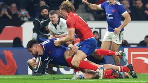 <p>TOUCHING DOWN: Emmanuel Meafou of France dives over the line to score his team's second try whilst under pressure from Louis Lynagh of Italy during the Guinness Six Nations 2026 match between France and Italy at Stade Pierre Mauroy on February 22, 2026 in Lille, France. (Photo by David Rogers/Getty Images)</p>