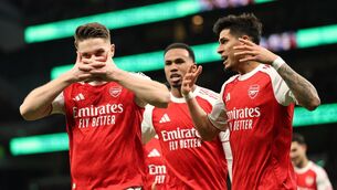 <p>NOWHERE TO HIDE: Arsenal's Viktor Gyoekeres, left, celebrates scoring his side's second goal during the English Premier League soccer match between Tottenham Hotspur and Arsenal in London, Sunday, Feb. 22, 2026.(AP Photo/Ian Walton)</p>