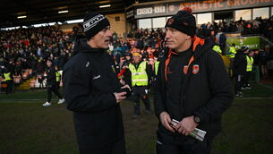 <p>Donegal manager Jim McGuinness, left, and Armagh manager Kieran McGeeney after Division 1 game at the Athletic Grounds. Pic: Ramsey Cardy/Sportsfile</p> <p>Donegal manager Jim McGuinness, left, and Armagh manager Kieran McGeeney after Division 1 game at the Athletic Grounds. Pic: Ramsey Cardy/Sportsfile</p>