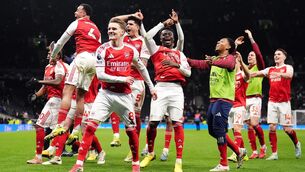 <p>GANG's ALL HERE: Arsenal's Martin Odegaard (centre left), Bukayo Saka (centre right) and team-mates celebrate after the Premier League match at the Tottenham Hotspur Stadium, London. Picture date: Sunday February 22, 2026. PA Photo. Pic: John Walton/PA Wire</p> <p>GANG's ALL HERE: Arsenal's Martin Odegaard (centre left), Bukayo Saka (centre right) and team-mates celebrate after the Premier League match at the Tottenham Hotspur Stadium, London. Picture date: Sunday February 22, 2026. PA Photo. Pic: John Walton/PA Wire</p>