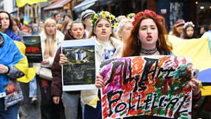 <p>Ukrainians and supporters taking part in the rally in Cork on Sunday afternoon to mark the fourth anniversary of Russia's invasion on February 24, 2022. Picture: Eddie O'Hare</p>