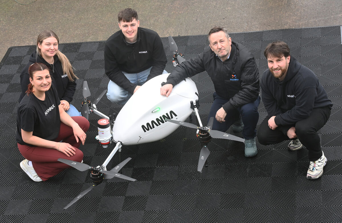 Bobby Healy, founder and CEO of Manna Aero with staff (from left) Sophie, Shauna, Stephen, and Aaron with a Manna air delivery drone at Marina Market in Cork. Picture: Larry Cummins