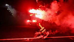 <p>Flares were thrown onto a brand-new astro turf pitch at Oriel Park in Dundalk by Drogheda United fans as the two Co Louth sides faced off in the League of Ireland on Friday.</p>