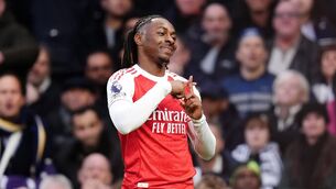 <p>Arsenal's Eberechi Eze celebrates scoring his side's opener at the Tottenham Hotspur Stadium. Pic: John Walton/PA</p>