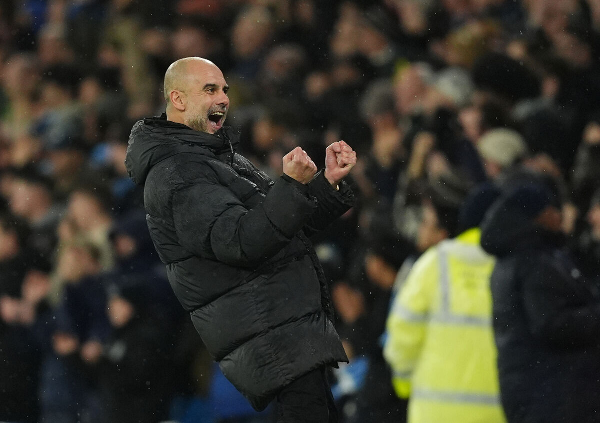 Manchester City manager Pep Guardiola celebrates after his side scored their second goal during the Premier League win over Newcastle Manchester. Picture date: Wednesday February 11, 2026.