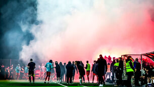 <p>Flares were thrown onto a brand-new astroturf pitch at Oriel Park in Dundalk by Drogheda United fans as the two Louth sides faced off in the League of Ireland on Friday. Picture: Nick Elliott/Inpho</p> <p>Flares were thrown onto a brand-new astroturf pitch at Oriel Park in Dundalk by Drogheda United fans as the two Louth sides faced off in the League of Ireland on Friday. Picture: Nick Elliott/Inpho</p>
