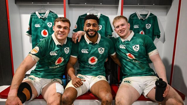 <p>Ireland players, from left, Garry Ringrose, Robert Baloucoune, and Jamie Osborne, in the dressing room after the win over England in Twickenham. Pic: Brendan Moran/Sportsfile</p>