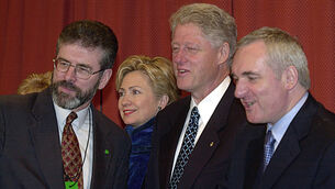 <p>Gerry Adams, far left, and former taoiseach Bertie Ahern, far right, will address the Oireachtas committee on how Ireland's peace process, which then president Bill Clinton and wife Hillary Clinton were also involved in, could inform the peace process for the Middle East. File Picture:/RollingNews.ie</p>