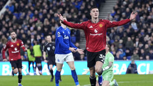 <p>Manchester United's Benjamin Sesko celebrates scoring their side's winning goal against Everton. Pic: Peter Byrne/PA Wire.</p>