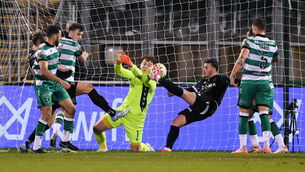 <p>Rob Cornwall was close to forcing the ball over the line for Dundalk but Danny Mullen was credited with the equaliser against Shamrock Rovers. Pic: Stephen McCarthy/Sportsfile</p>
