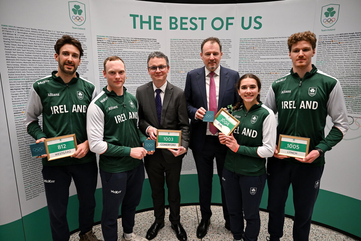 Minister Patrick O'Donovan TD with cross-country skiier Thomas Maloney Westgaard, alpine skiier Cormac Comerford, alpine skiier Anabelle Zurbay and freestyle half-pipe skiier Ben Lynch upon their return from the Milano Cortina Games as they were welcomed home at a special reception at the Department of Culture, Communications and Sport. Picture: David Fitzgerald/Sportsfile