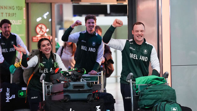 <p>Ireland's Anabelle Zurbay (second left), Cormac Comerford (right) , Ben Lynch (second right) and Thomas Maloney (rear left) arriving at Dublin Airport following the Milano Cortina 2026 Winter Olympics. Picture: Niall Carson/PA Wire.</p>