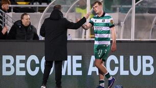 <p>Michael Noonan shakes hands with Shamrock Rovers manager Stephen Bradley. Pic: Stephen McCarthy/Sportsfile.</p>
