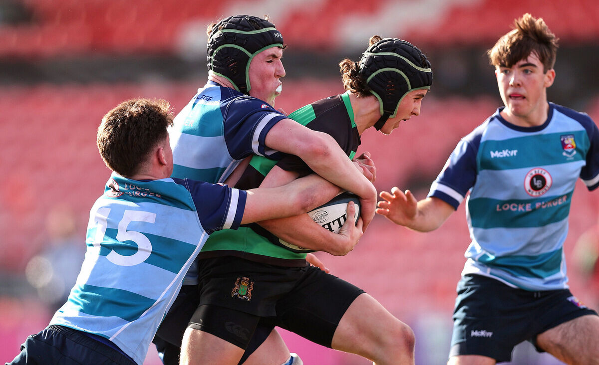 Bandon’s Lewis Linehan is tackled by Castletroy’s Evan Boland and Conor Ryan. Pic: ©INPHO/Tom O’Hanlon. Bandon’s Lewis Linehan is tackled by Castletroy’s Evan Boland and Conor Ryan. Pic: ©INPHO/Tom O’Hanlon.