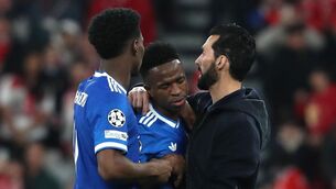 <p>Real Madrid's Vinicius Junior celebrates with Real Madrid's head coach Álvaro Arbeloa. Pic: AP Photo/Pedro Rocha.</p>