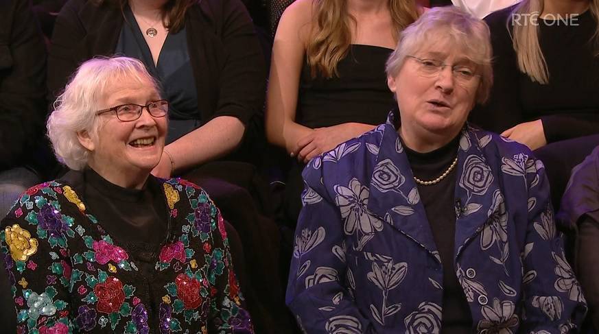 Mary Clarken (left), her daughter Sharon (right) and other members of the Irish Thalidomide Association meet with Mr Harris and Taoiseach Micheál Martin on Wednesday. File picture: RTÉ