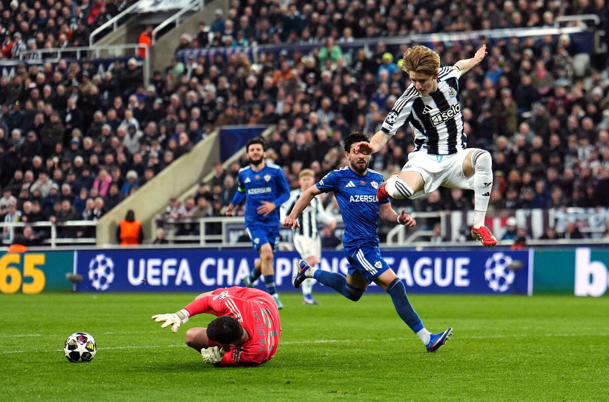 Qarabag goalkeeper Mateusz Kochalski saves a shot from Newcastle United's Anthony Gordon. Pic: Martin Rickett/PA Wire.