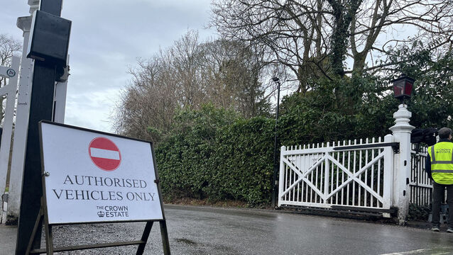 <p>The entrance gates near the Royal Lodge, the former home of Andrew Mountbatten-Windsor in Windsor, Berkshire. Mathilde Grandjean/PA Wire</p>