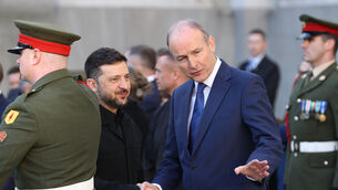 <p>Taoiseach Micheal Martin welcomes Ukrainian President Volodymyr Zelensky, to the Government Buildings in Dublin, during his visit to Ireland last year.</p>