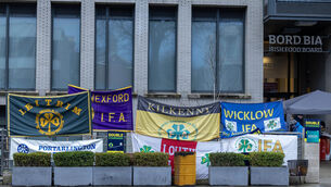 <p> IFA members protest outside Bord Bia's offices earlier this month: Picture: Conor Ó Mearáin / RollingNews.ie</p>