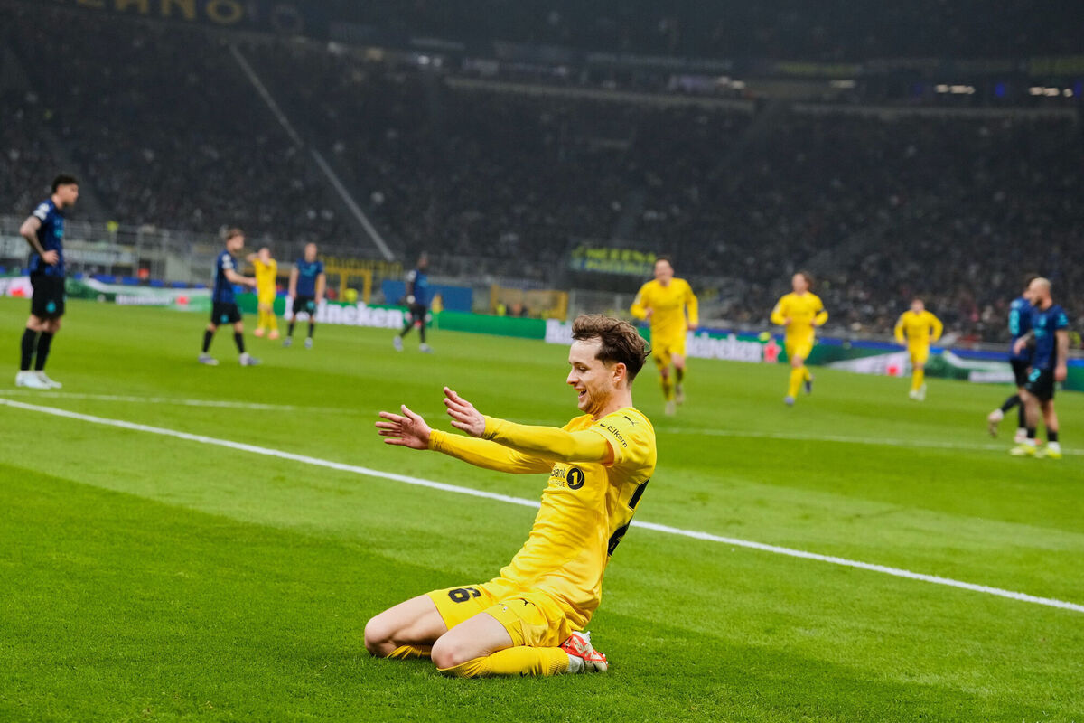 Glimt's Hakon Evjen celebrates after scoring his side's second goal. Pic: Luca Bruno/AP