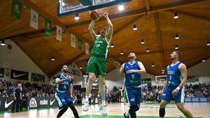 <p>Neal Quinn of Ireland dunks during the FIBA Basketball World Cup 2027 European Pre-Qualifiers first round match between Ireland and Kosovo at the National Basketball Arena in Tallaght, Dublin. Photo by Tyler Miller/Sportsfile</p>