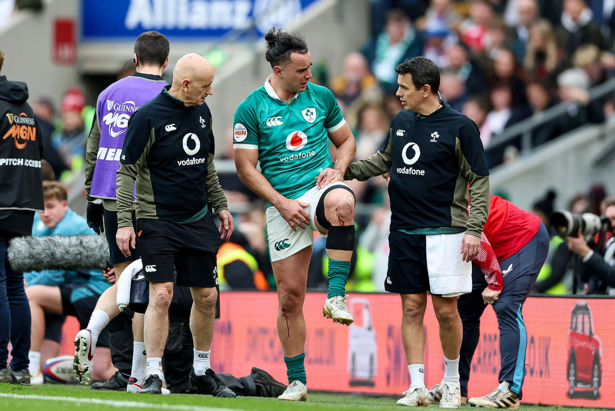 Ireland's James Lowe leaves the pitch injured last weekend. Pic: INPHO/Billy Stickland