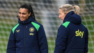 <p>Performance analyst Jasmine Mander, left, and head coach Carla Ward during a Republic of Ireland women training session at the FAI National Training Centre in Abbotstown, Dublin. Photo by Stephen McCarthy/Sportsfile</p>