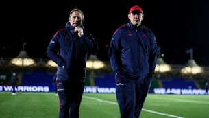 <p>Prendergast and Clayton McMillan ahead of the match against Glasgow Warriors in January. Pic: Paul Currie/Inpho</p>