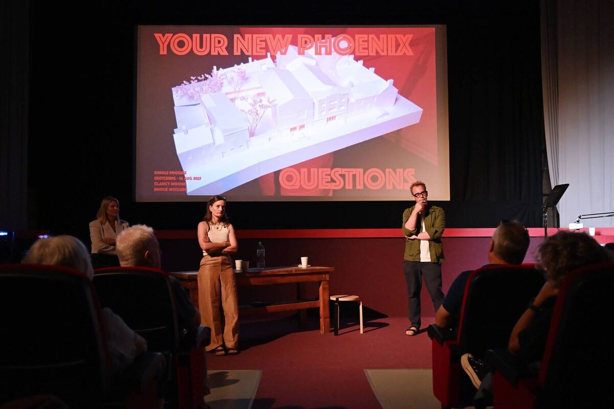 Yvonne McGunness (centre) at the public consultation in the Phoenix Cinema in Dingle last August with planning consultant Laura Brock and architect Andrew Clancy. File picture: Manuela Dei Grandi