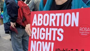 <p>Activists hold a protest against the move to restrict access to abortion in the US state of Texas, at the Spire, O'Connell Street in Dublin.Picture date: Saturday October 2, 2021.</p>