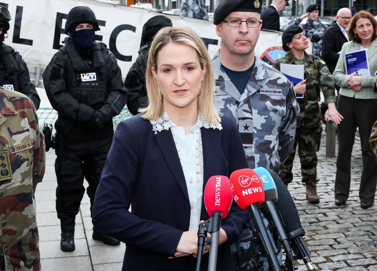 Defence minister Helen McEntee  speaking during Wednesday's national maritime strategy launch on the docks beside LÉ Samuel Beckett P61 on Sir John Rogerson's Quay, Dublin. Picture: Maxwells 