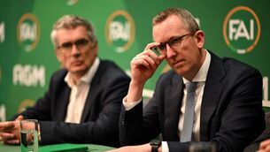 <p>FAI chief executive officer David Courell (right) and FAI independent chairperson Tony Keohane (left). 'We, in reality, do not have a choice for a variety of reasons.' File photo: Stephen McCarthy/Sportsfile</p>