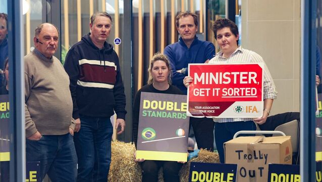 <p>The 'Bord Bia Five' protesting inside the Bord Bia headquarters. Picture: Leah Farrell /  RollingNews.ie</p>