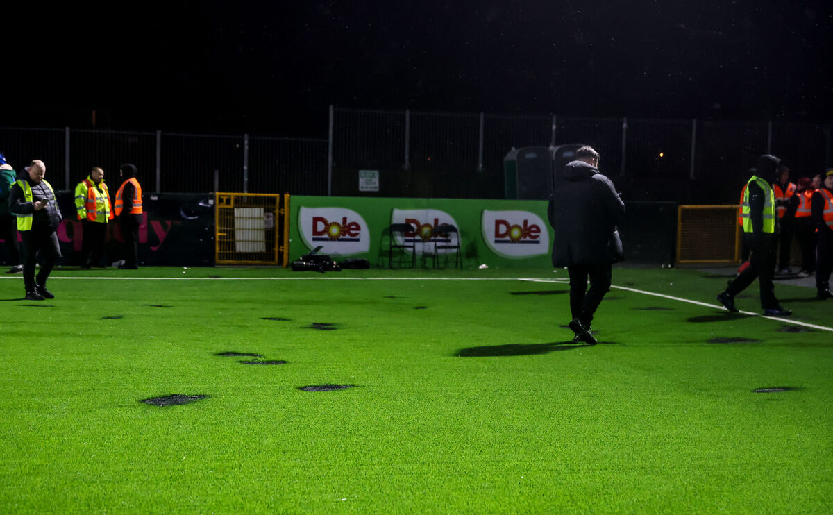 The astroturf pitch after flares from Drogheda fans burnt the pitch.