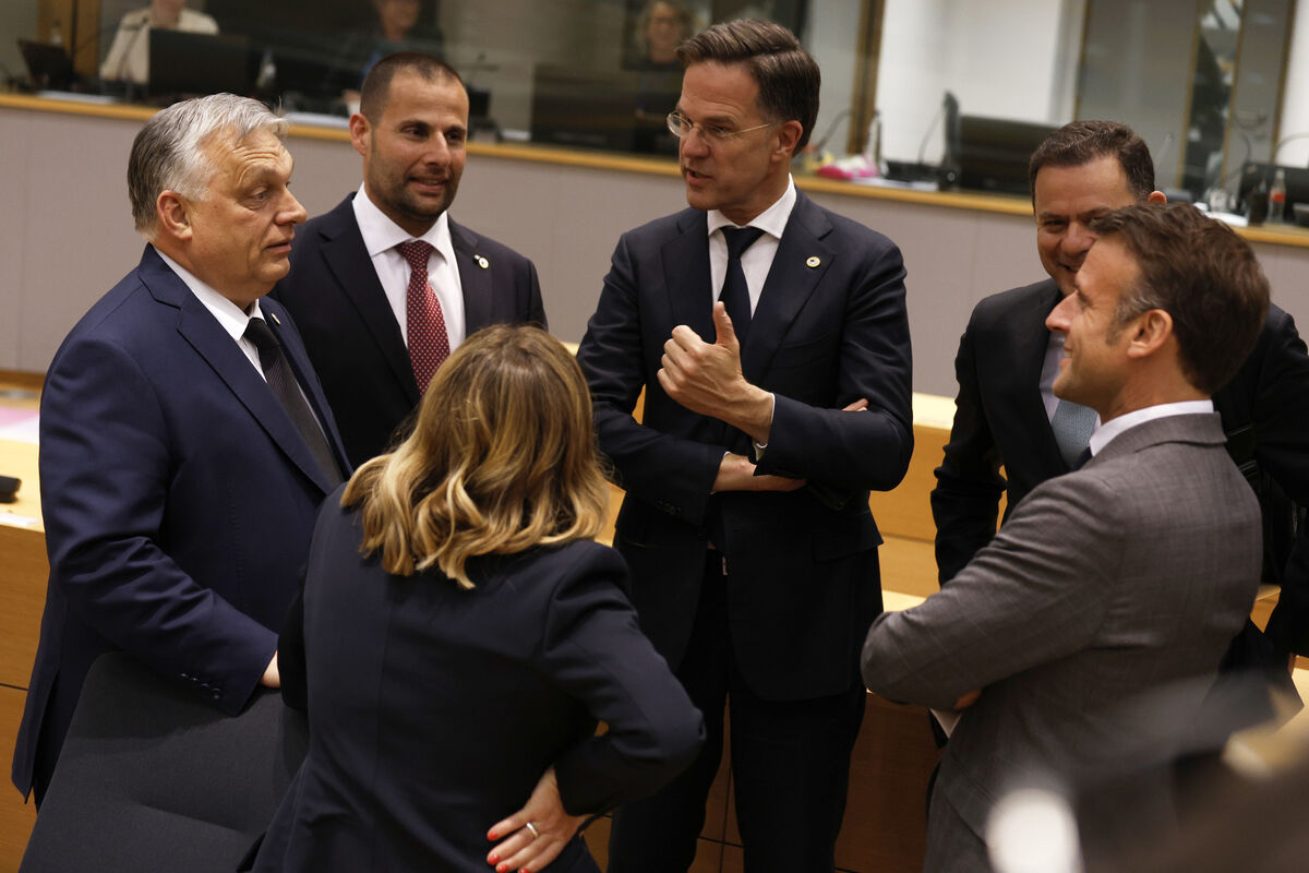 From left, Viktor Orban, Malta's prime minister Robert Abela, Netherland's prime minister Mark Rutte, Portugal's prime minister Luis Montenegro, French president Emmanuel Macron, and Italy's prime minister Giorgia Meloni speak during a round table meeting at an EU summit in Brussels, Wednesday, April 17, 2024. Picture: Omar Havana/AP.