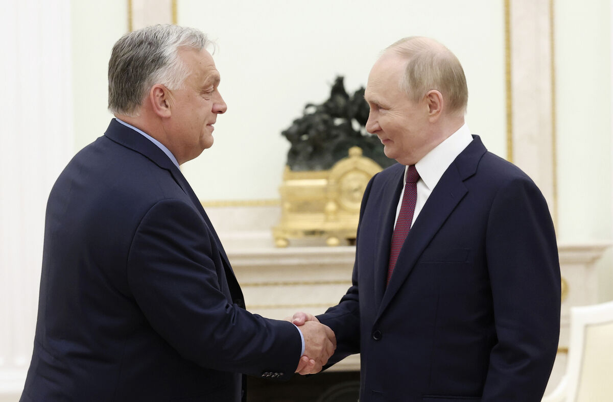 Hungarian prime minister Viktor Orban and Russian president Vladimir Putin shake hands during a meeting in Moscow on Friday, July 5, 2024. Picture: Valeriy Sharifulin/AP