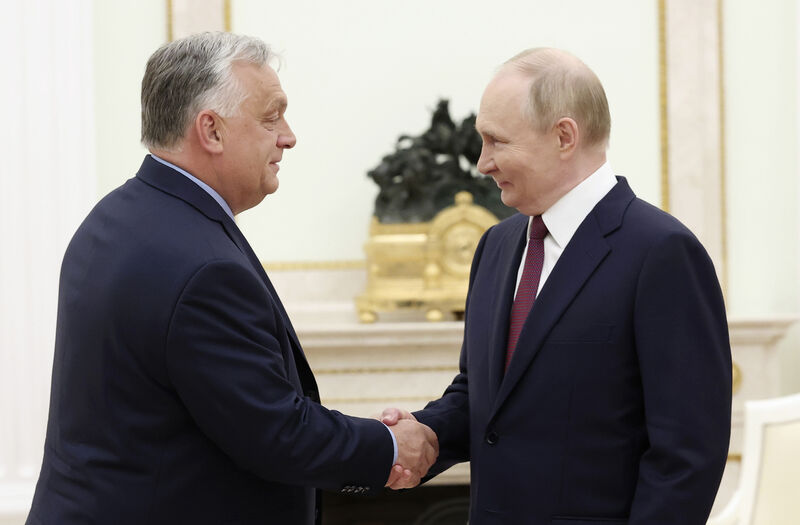 Hungarian prime minister Viktor Orban and Russian president Vladimir Putin shake hands during a meeting in Moscow on Friday, July 5, 2024. Picture: Valeriy Sharifulin/AP