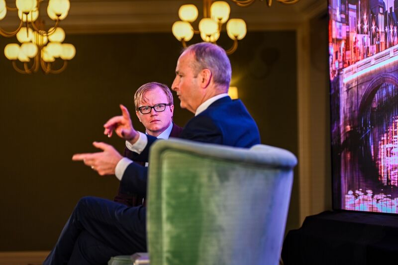 Paul Hosford, Irish Examiner Deputy Political Editor interviews Taoiseach Michéal Martin during the fireside discussion at the Future Cork event at the Metropole hotel. Picture: Chani Anderson