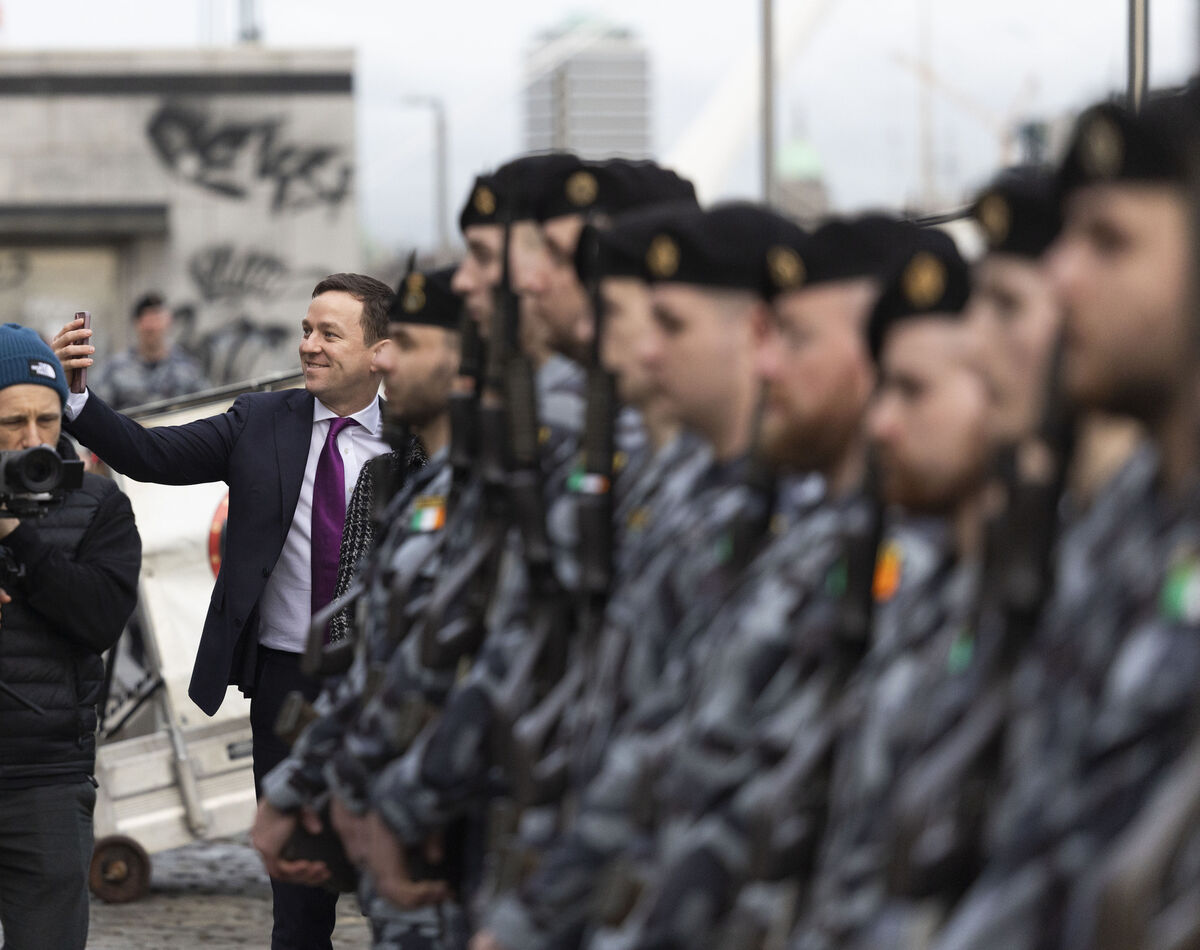 
                        TD James Geoghegan takes a selfie at the launch of the Maritime Defence Strategy at the LE Samuel Beckett. Picture: Sam Boal/Collins 