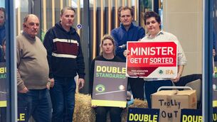 <p>Members of the Irish Farmers’ Association (IFA) protest inside Bord Bia headquarters in Dublin, as part of the dispute over the agency’s leadership. Picture: Leah Farrell / © RollingNews.ie</p>
