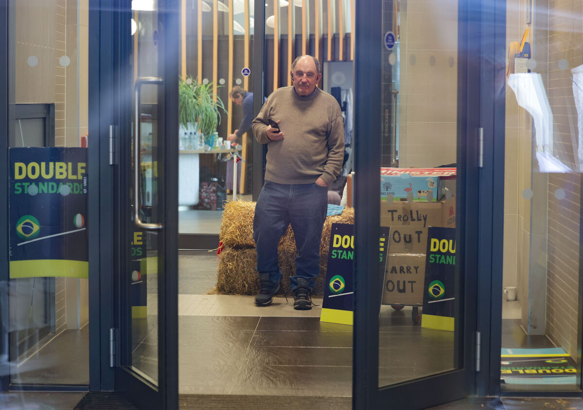  26/02/2026 Dublin, Ireland. Tom Byrne from Wicklow at the Irish Farmers’ Association (IFA) protest inside Bord Bia headquarters in Dublin.