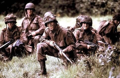 (Left to right) Maj Richard Winters (Damian Lewis); Capt Lewis Nixon (Ron Livingston); Lt Carwood Lipton (Donnie Wahlberg); T Sgt Donald Malarkey (Scott Grimes) in Band of Brothers