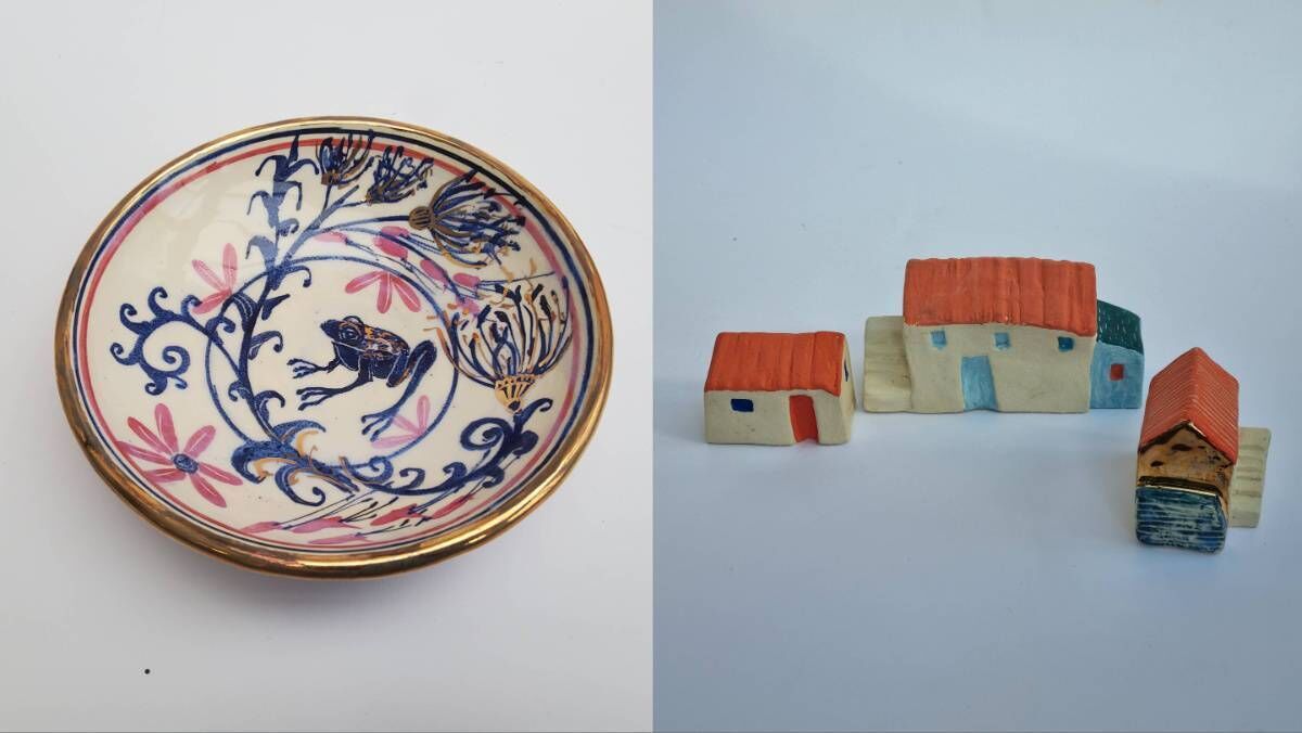 Etain Hickey Ceramics Gold-lustre bowl, 'Hidden Frog', 20cmx6cm; and Etain Hickey Ceramics Country Living, set of three, each aprox 9cmx6cmx3cm €150.