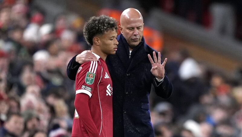 Liverpool manager Arne Slot addresses Trent Koné-Doherty. Pic: Peter Byrne/PA Wire. Liverpool manager Arne Slot addresses Trent Koné-Doherty. Pic: Peter Byrne/PA Wire.